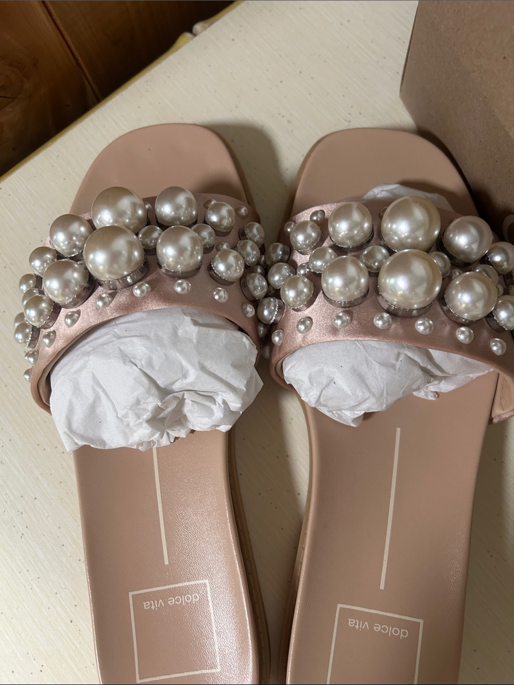 Dolce Vita Blush Pearl-Studded Slide Sandals - Picture 7 of 8